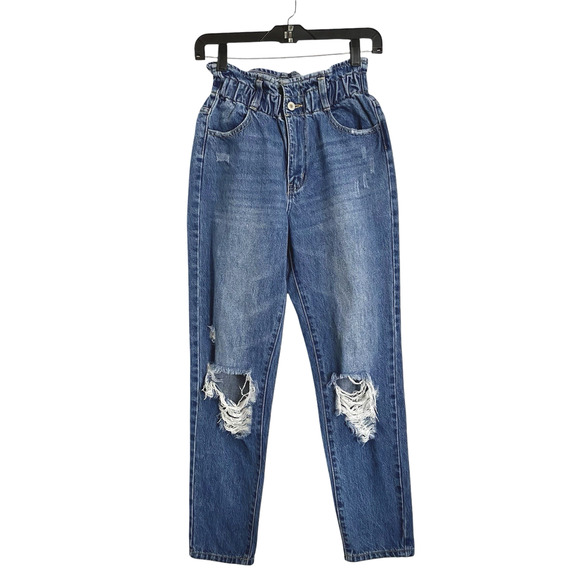 Kancan Crop Denim Jeans XS 0 24 High Rise Paper Bag Elastic Waist Distressed - Picture 1 of 9